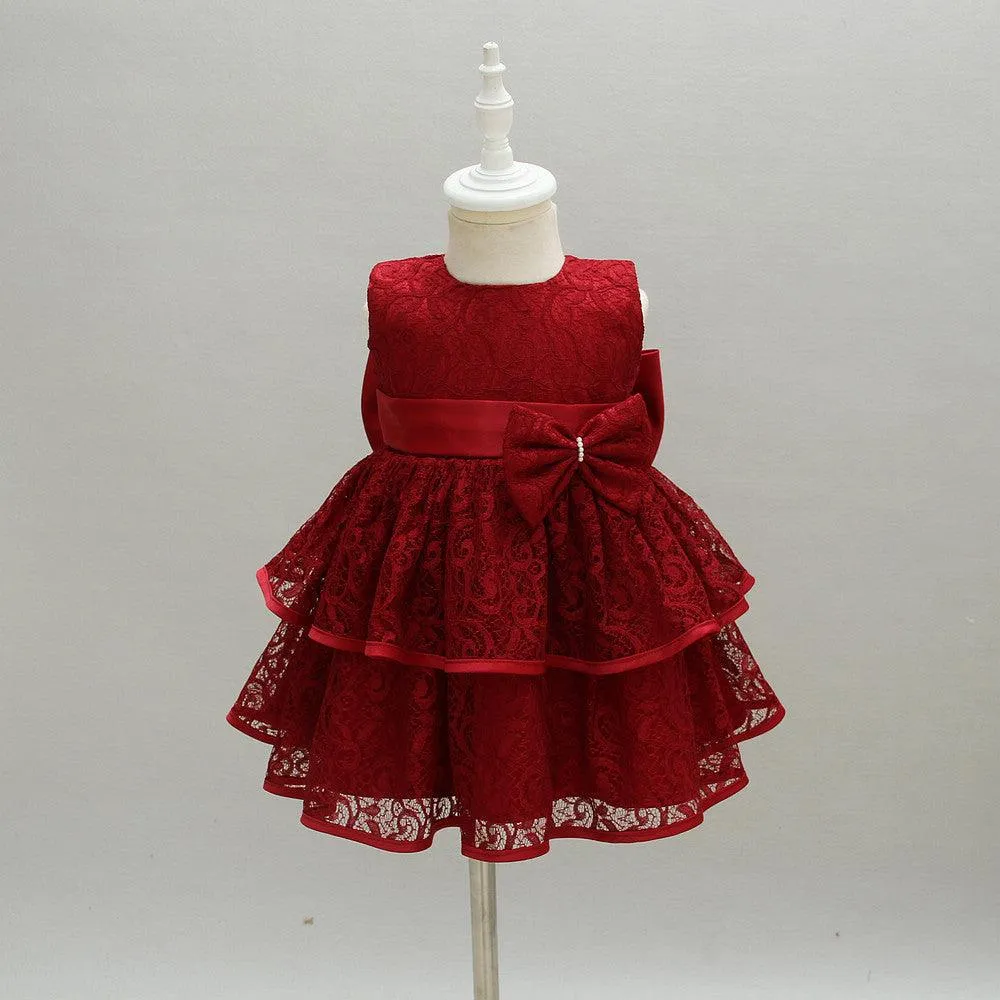 Girl's Gorgeous Red Bow Christmas Banquet Evening Dress Fashionable and Playful Lace Birthday Party Girl Princess Dress