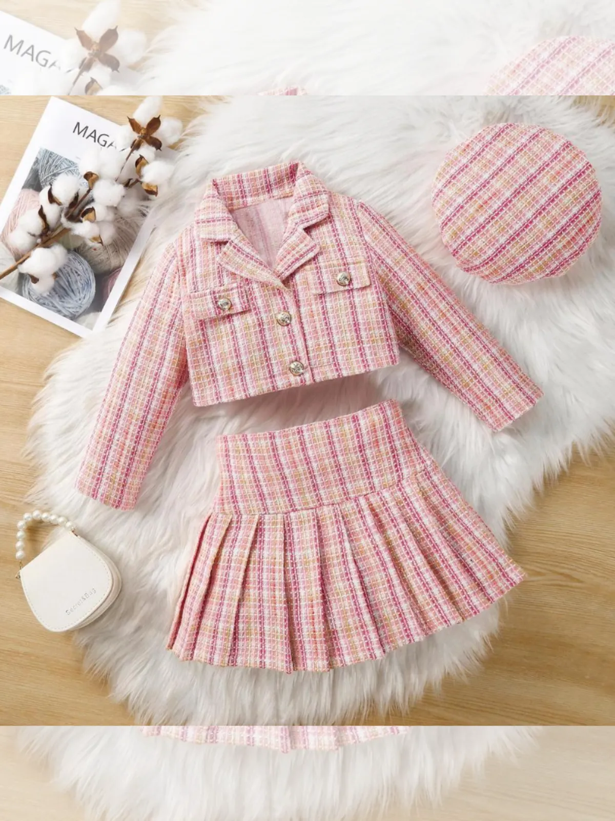 Girls Trendy Pink Tweed Jacket and Skirt Set