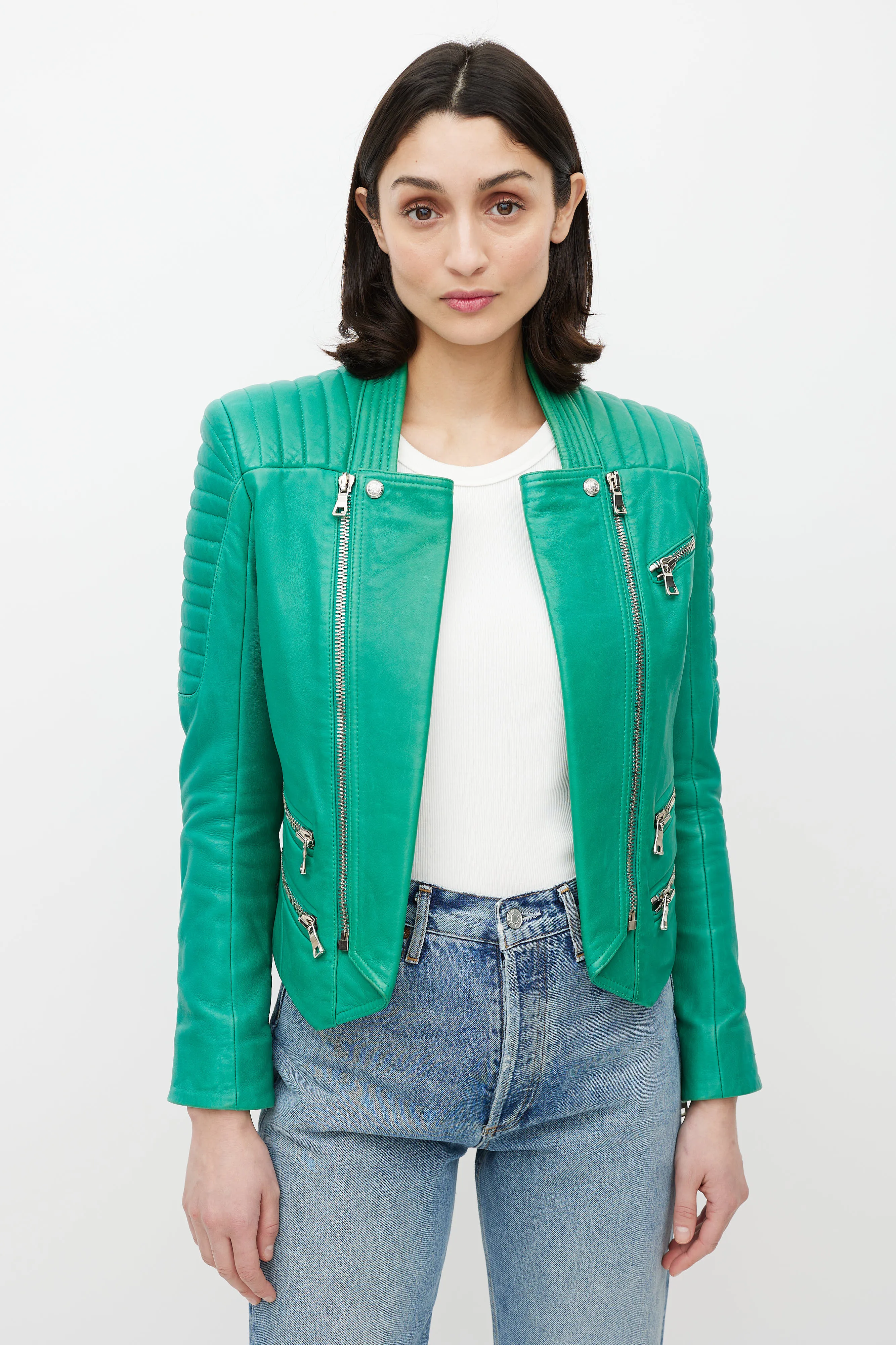 Green Quilted Leather Moto Jacket