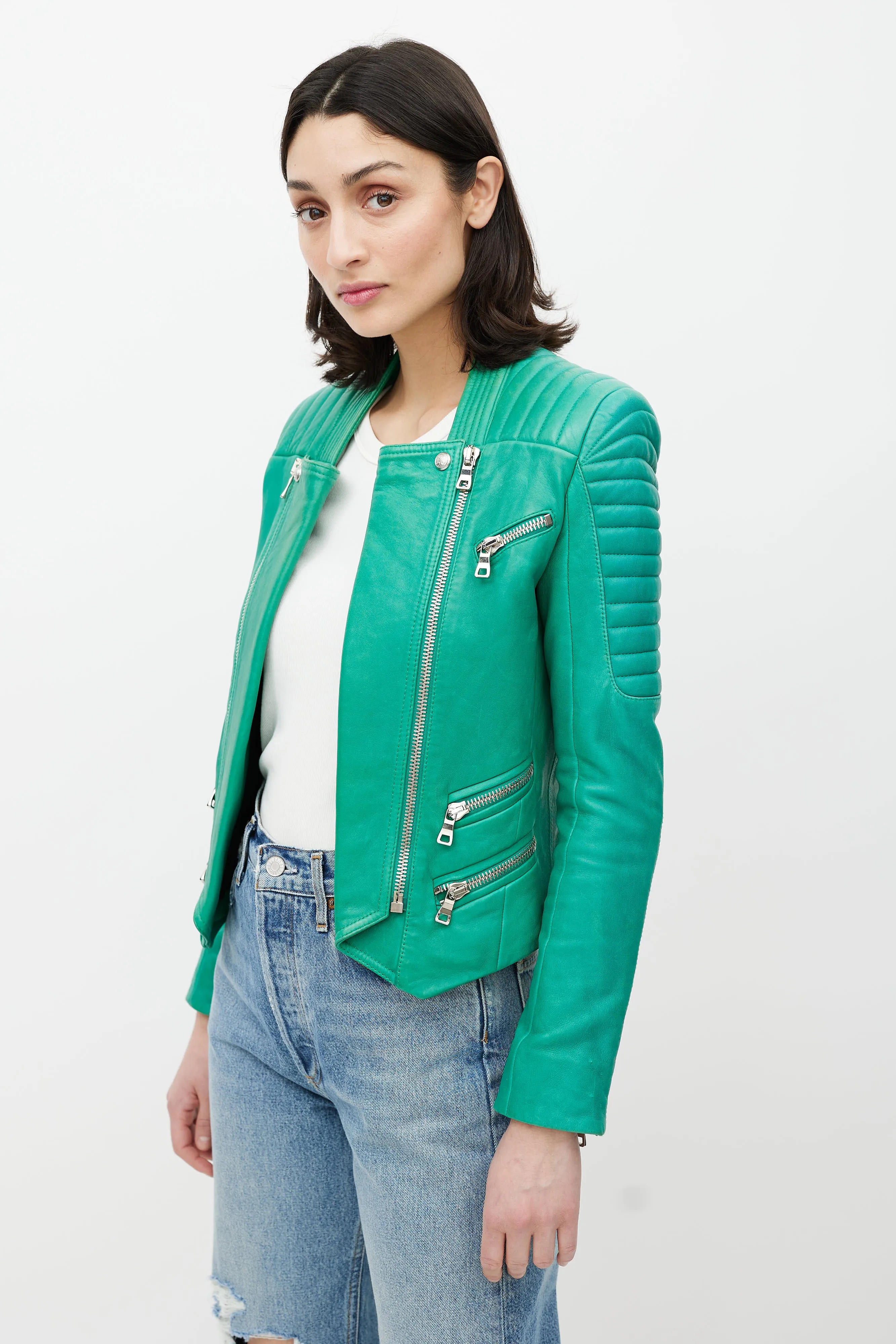 Green Quilted Leather Moto Jacket