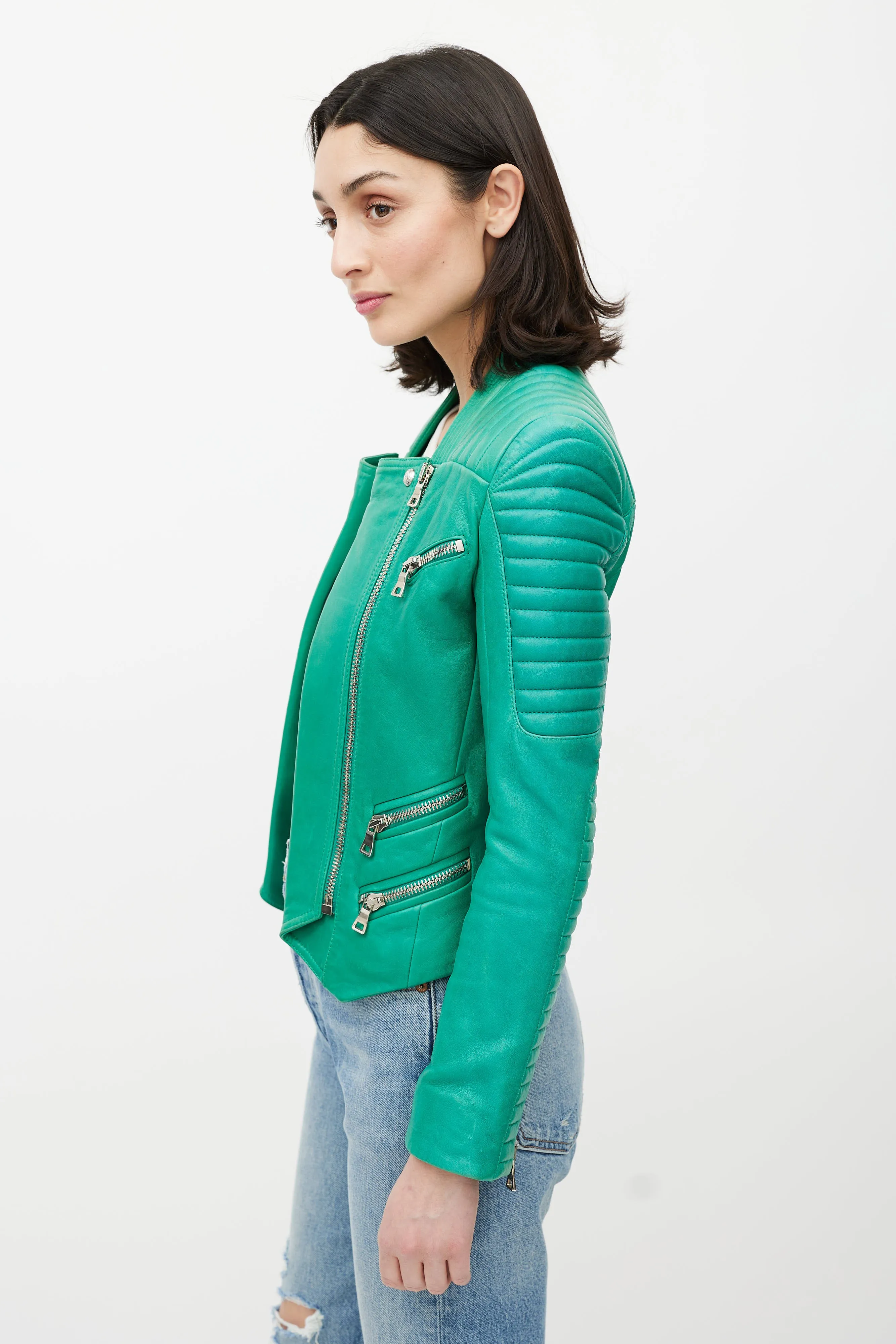 Green Quilted Leather Moto Jacket