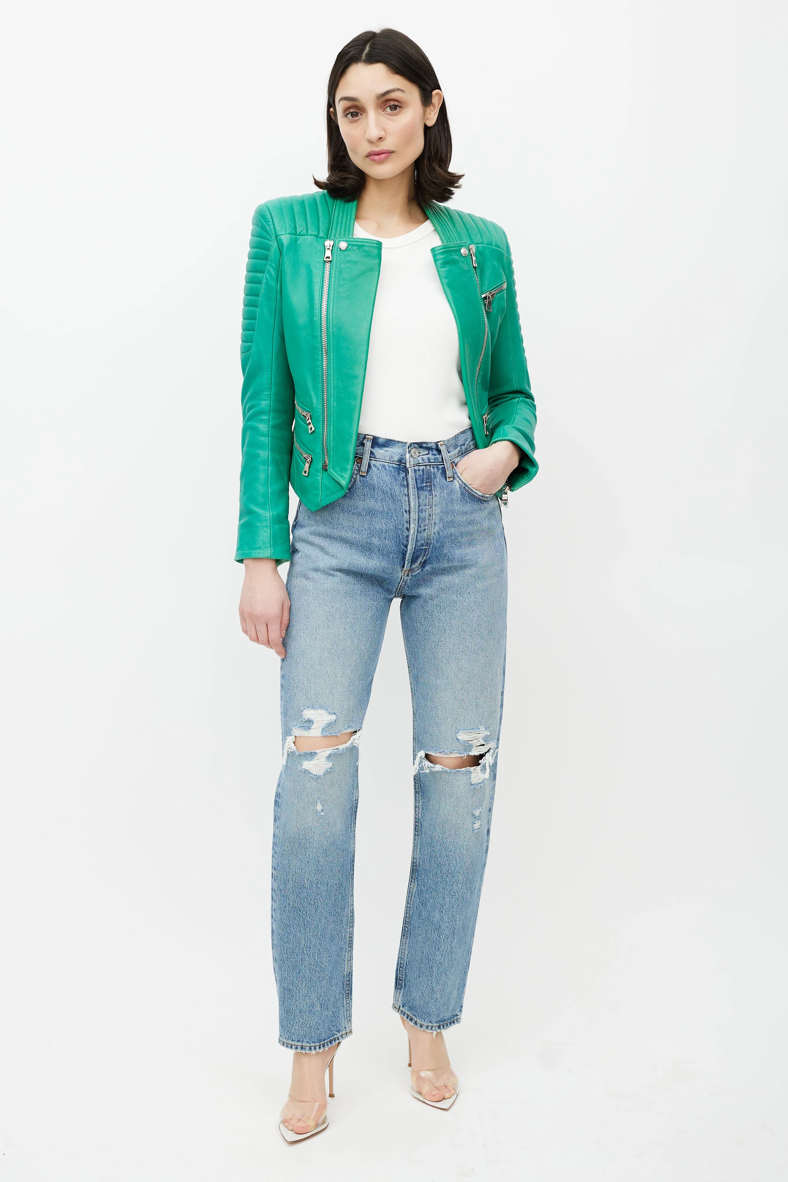 Green Quilted Leather Moto Jacket