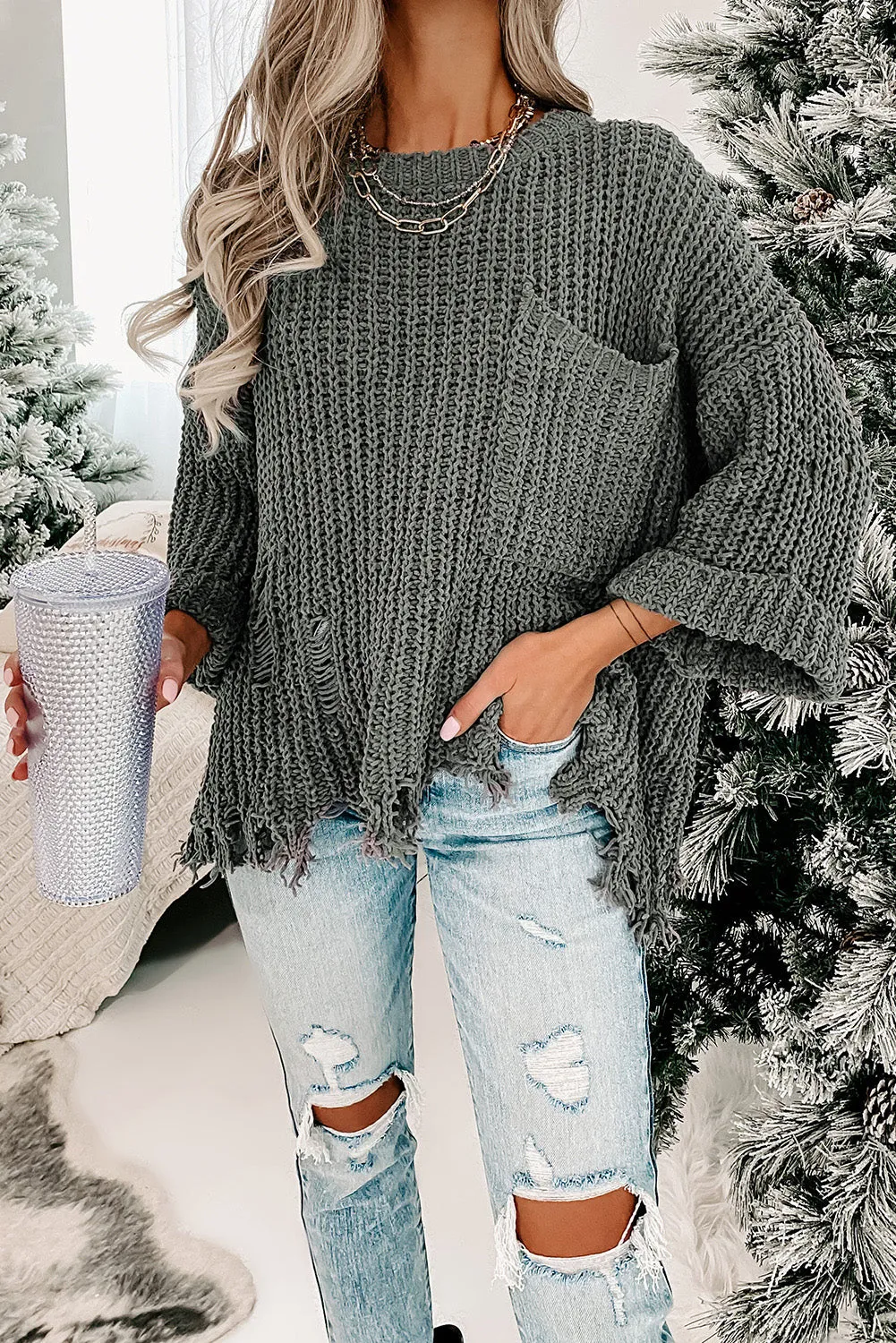 Grey Pocket Ripped Raw Hem Chunky Pullover Sweater