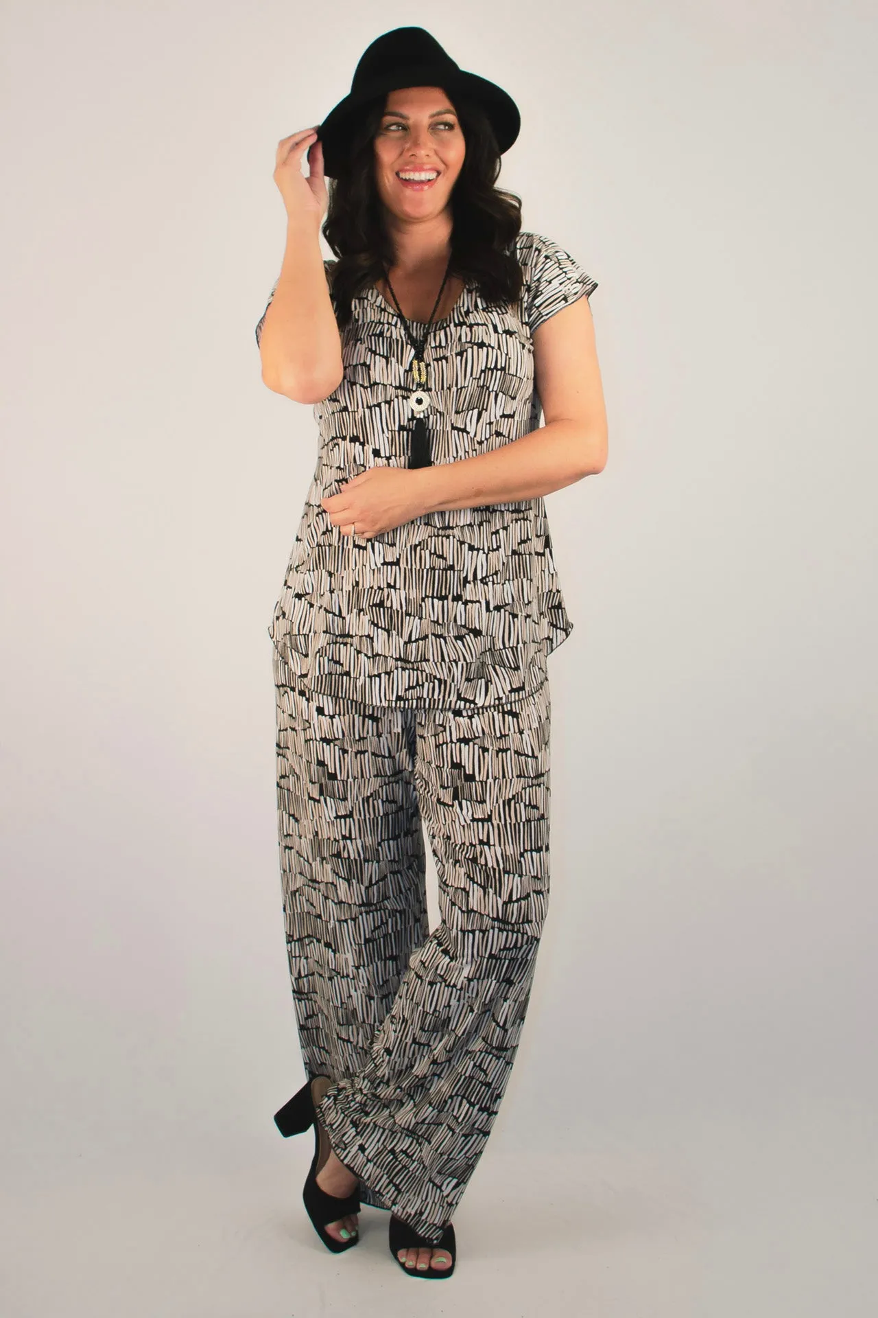 Grid Print Wide Leg Jersey Palazzo Pants