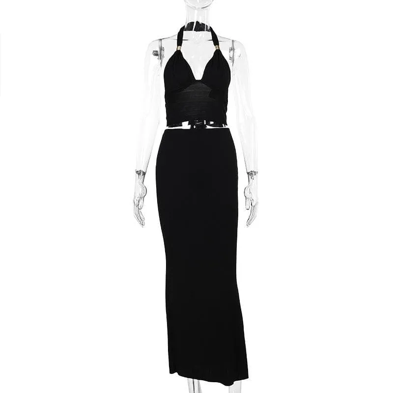 Halter v neck knotted backless maxi skirt set