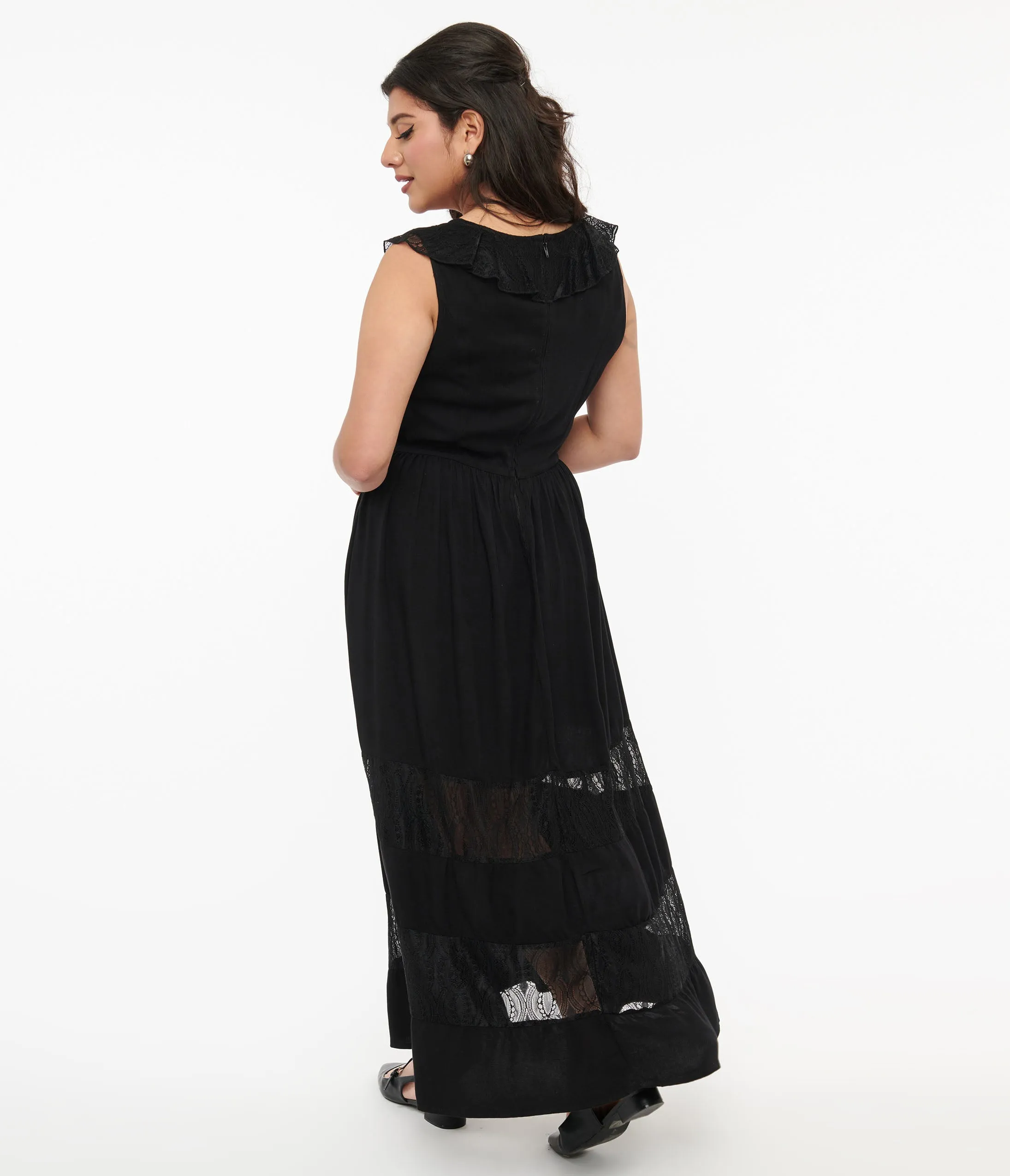 Hell Bunny 1970s Black Lace Stripe Maxi Dress