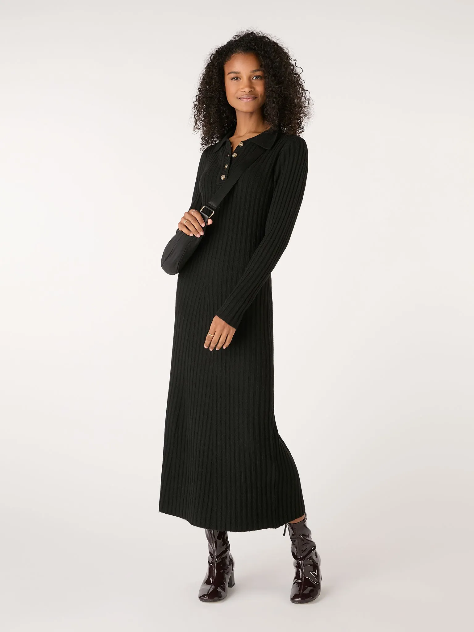 Henley Ribbed Placket Dress in Black