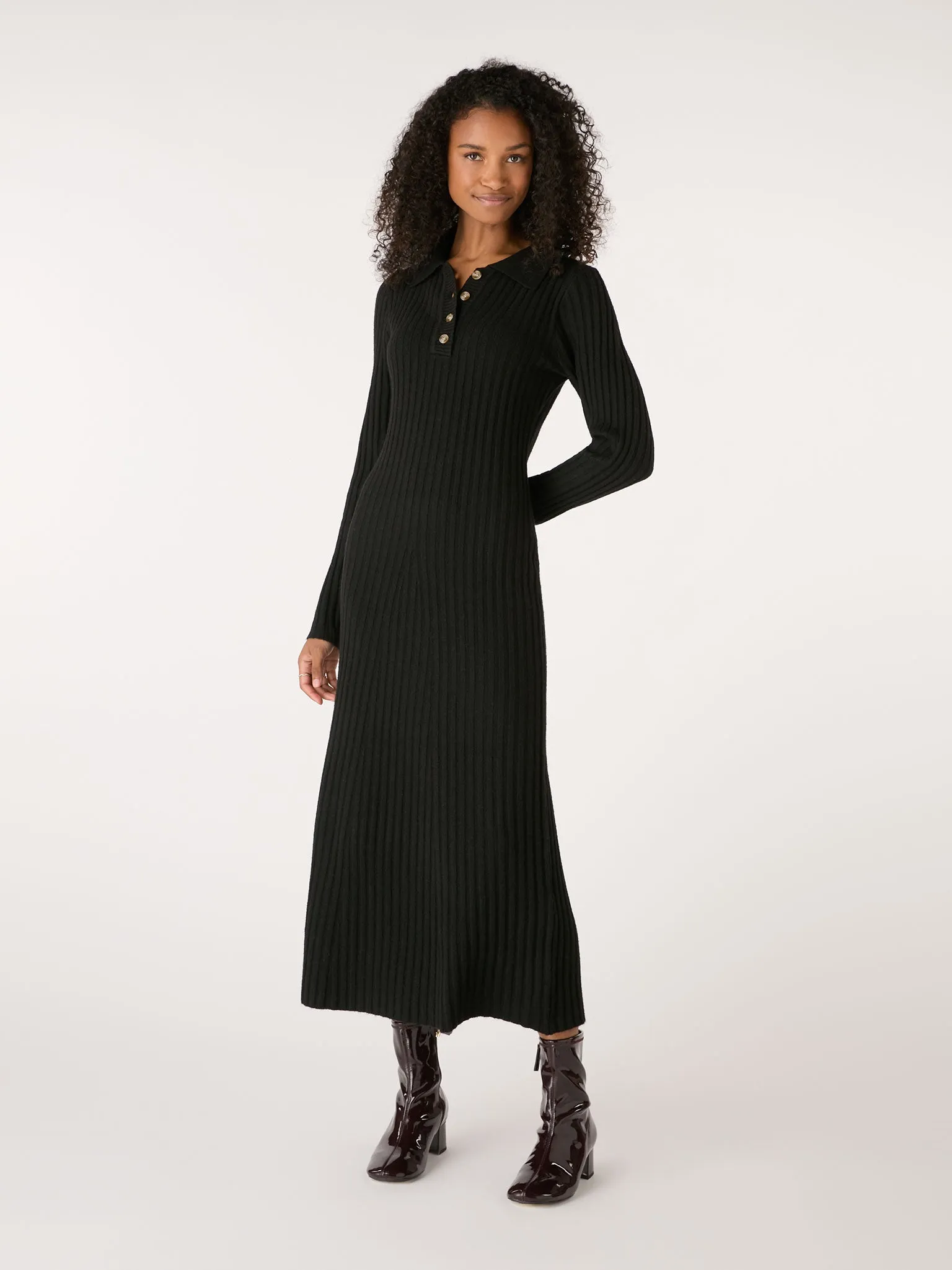 Henley Ribbed Placket Dress in Black