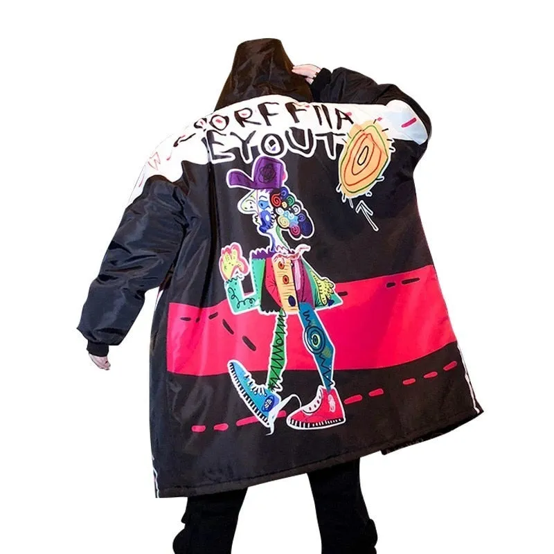 Hip Hop Graffiti Printing Oversized Style Men Long Loose Padded Jacket