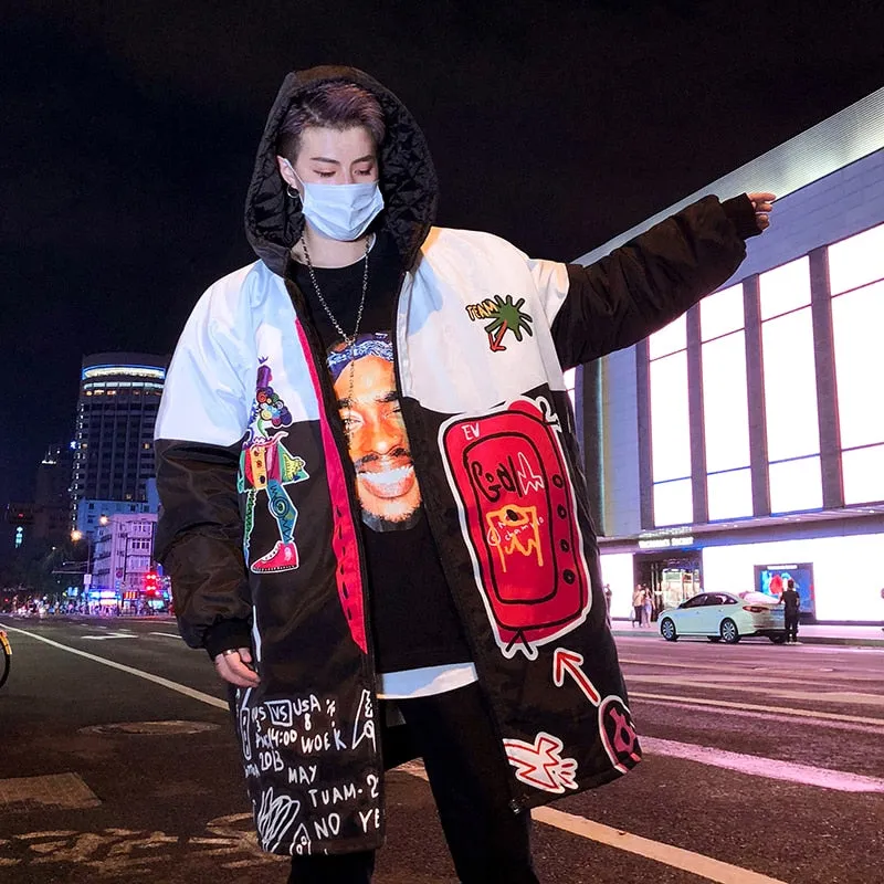 Hip Hop Graffiti Printing Oversized Style Men Long Loose Padded Jacket