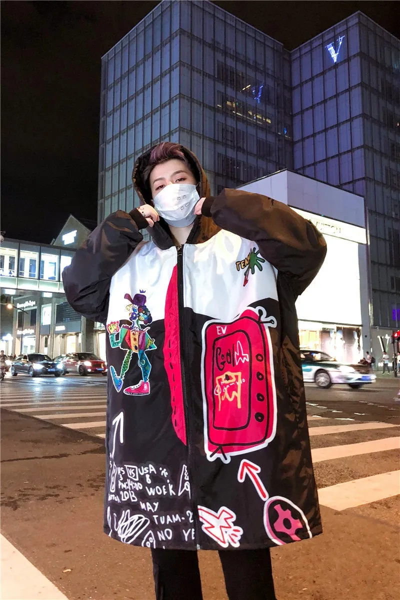 Hip Hop Graffiti Printing Oversized Style Men Long Loose Padded Jacket