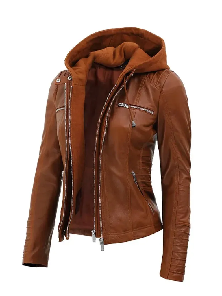 Hooded Style Brown Leather Jacket