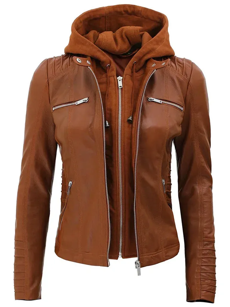 Hooded Style Brown Leather Jacket