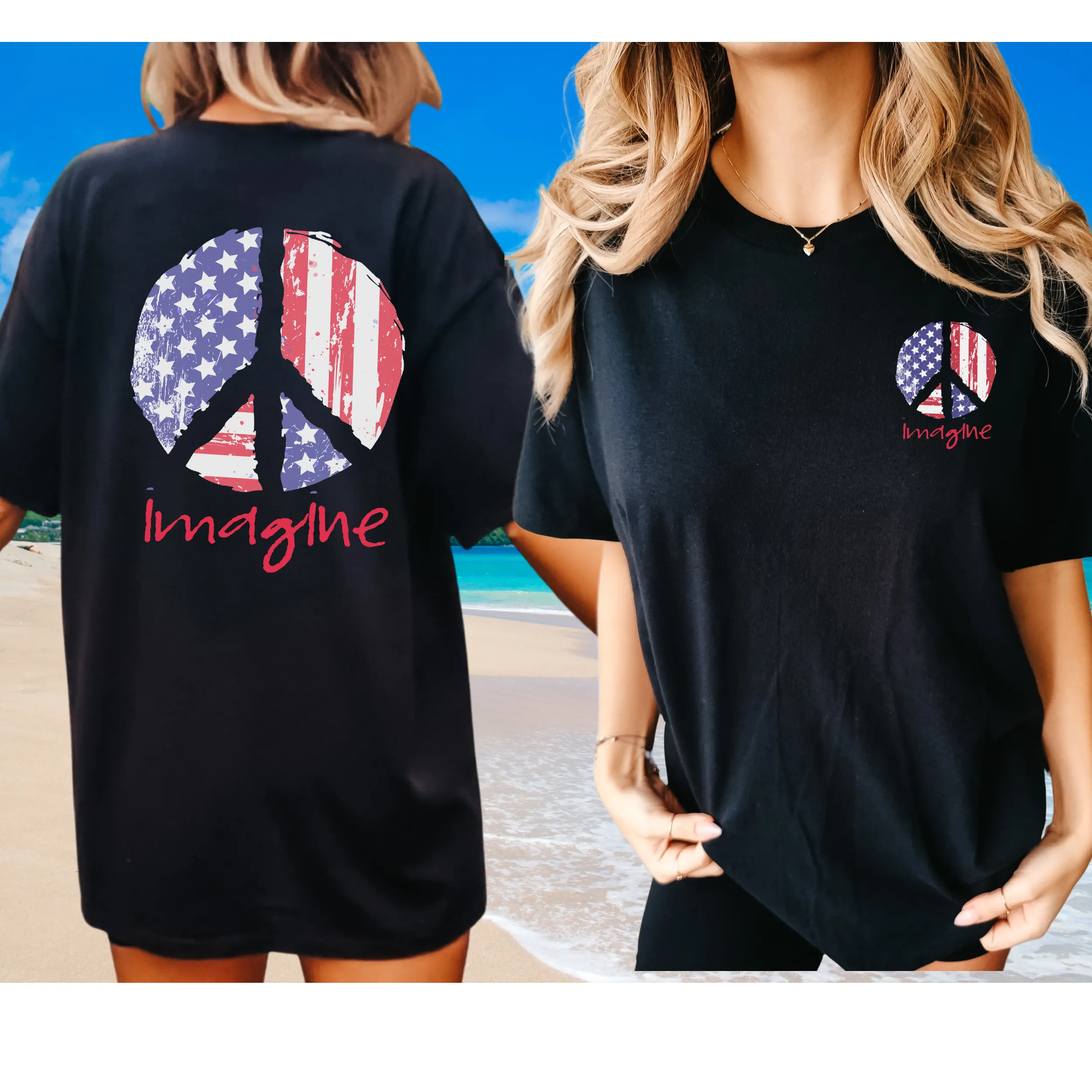 Imagine Red White Blue Peace Sign 4th of July Comfort Colors® T-Shirt, Front and Back Design T-Shirt Dress, 1970's Hippie Groovy Tee