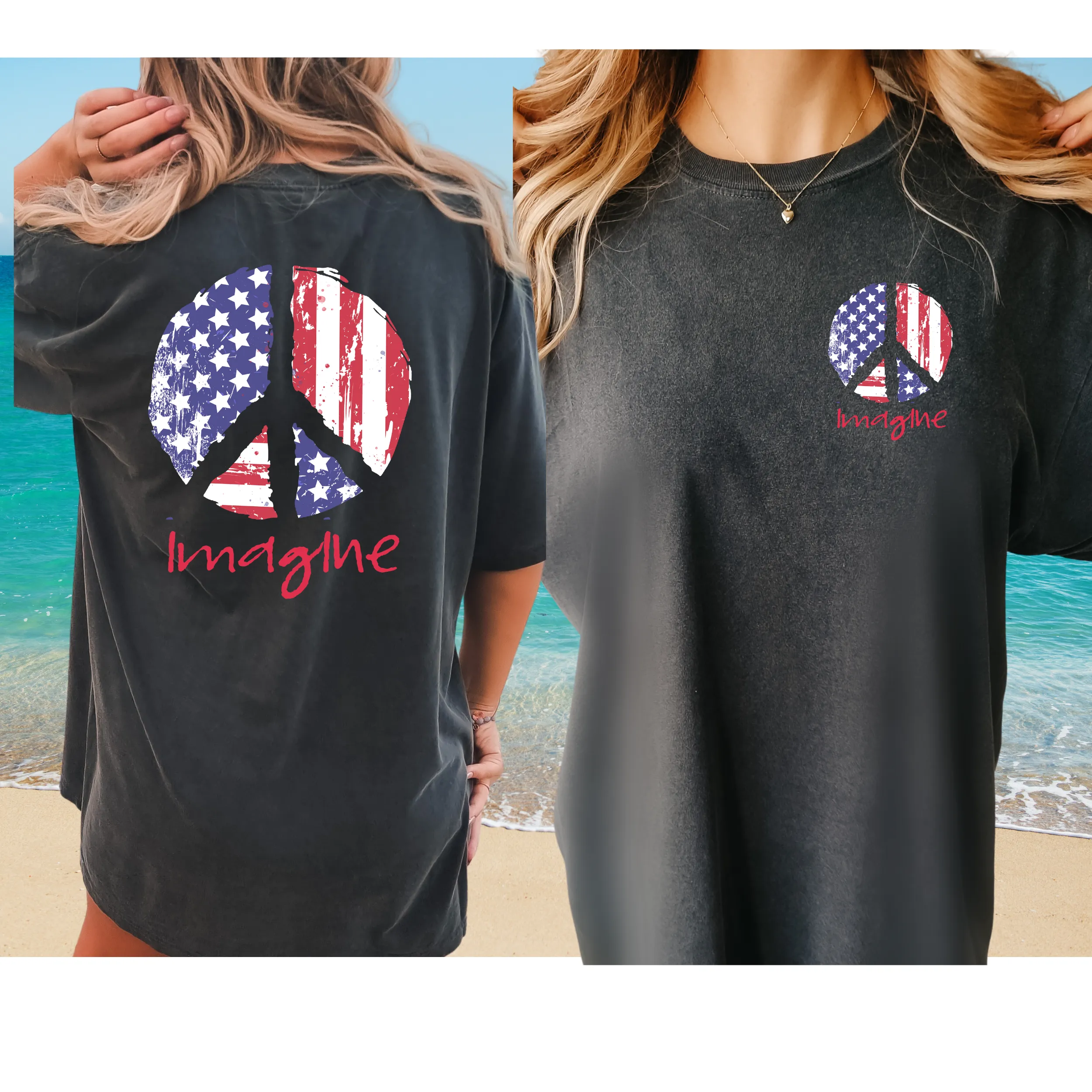 Imagine Red White Blue Peace Sign 4th of July Comfort Colors® T-Shirt, Front and Back Design T-Shirt Dress, 1970's Hippie Groovy Tee