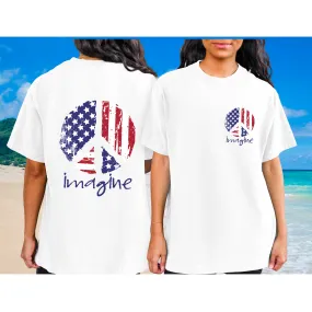 Imagine Red White Blue Peace Sign 4th of July Comfort Colors® T-Shirt, Front and Back Design T-Shirt Dress, 1970's Hippie Groovy Tee