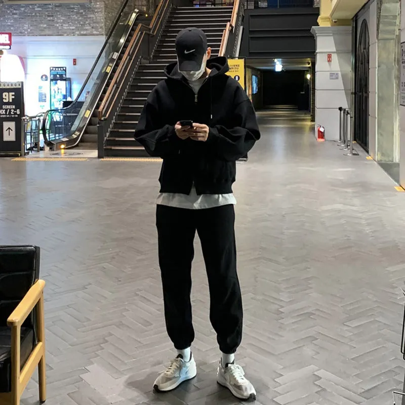 Jinquedai boy outfits Early Autumn Black Hooded Sweater Coat Men's Casual Pants Ankle-Tied Pants Suit Loose American Korean Style Dongdaemun