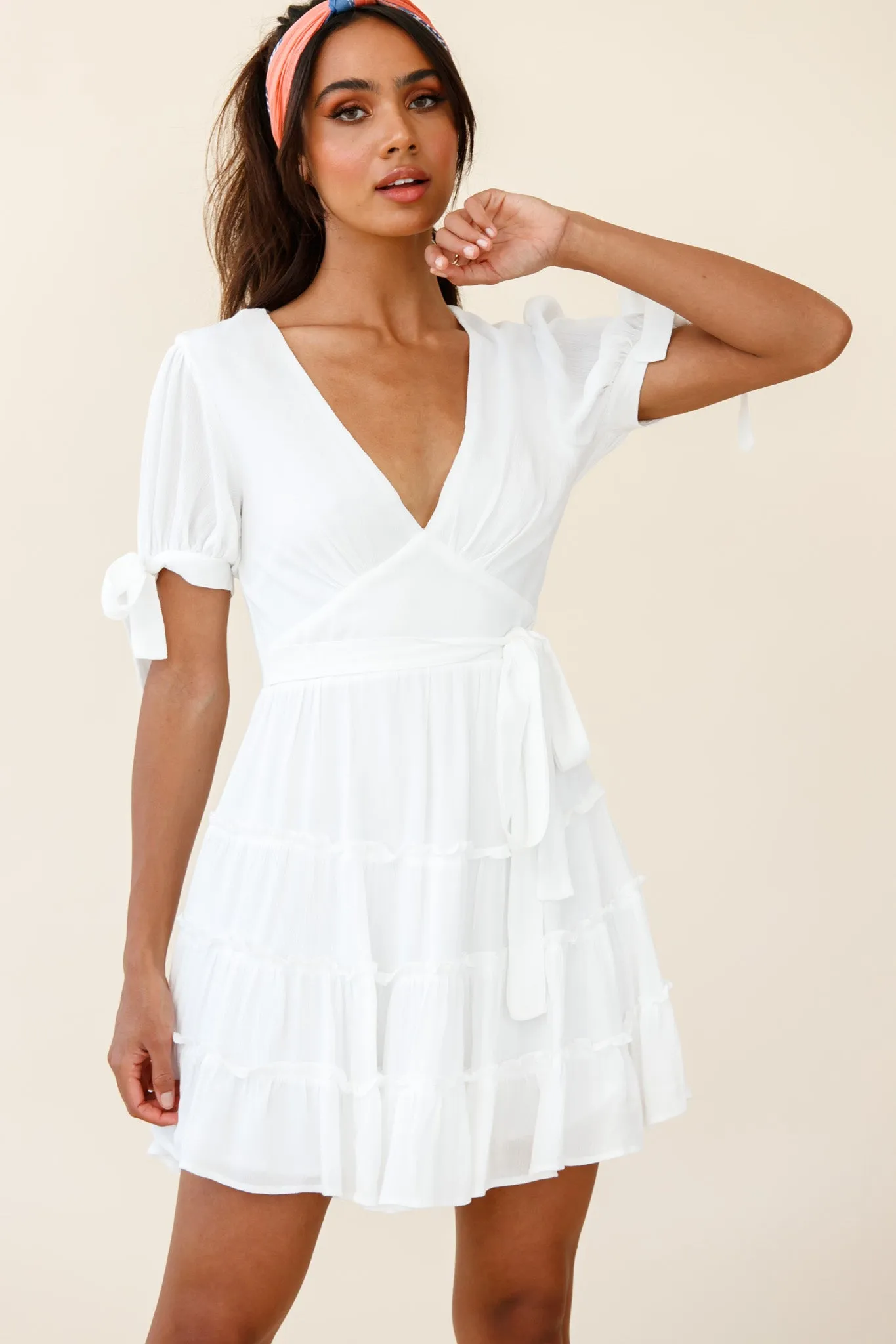 Jocelyn Short Sleeve Tied Cuff Layered Ruffle Dress White