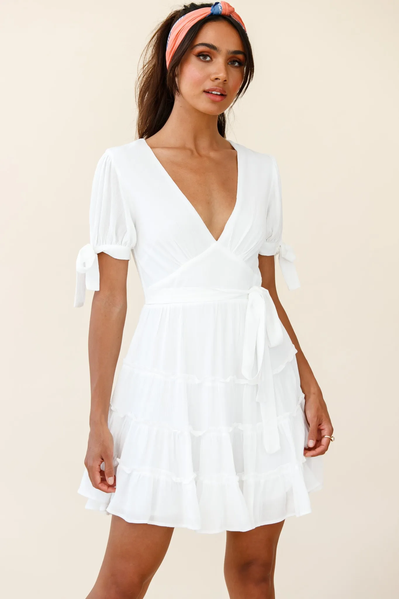 Jocelyn Short Sleeve Tied Cuff Layered Ruffle Dress White