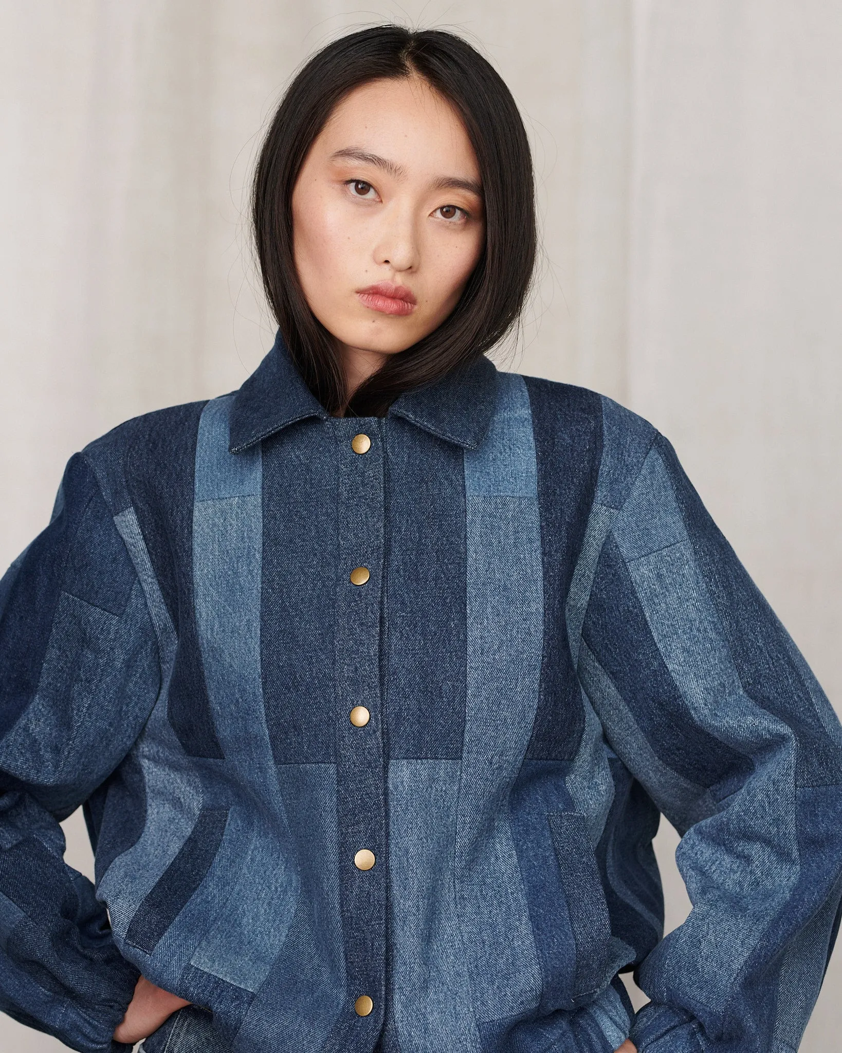 Kara Bomber Jacket Tessellated Denim Patchwork