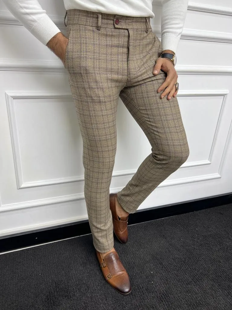 Leon Slim Fit Camel Plaid Trouser/Pants