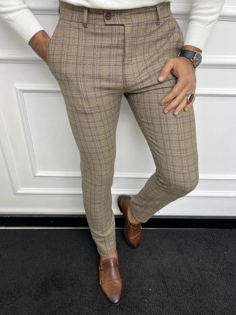 Leon Slim Fit Camel Plaid Trouser/Pants