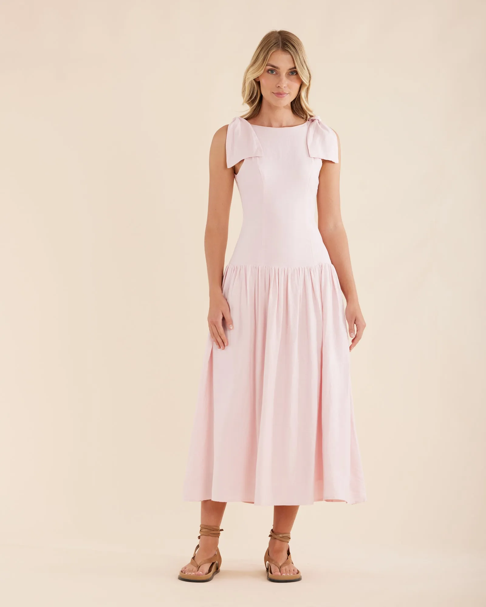 Mavie Bow Linen Maxi Dress - Rosewater