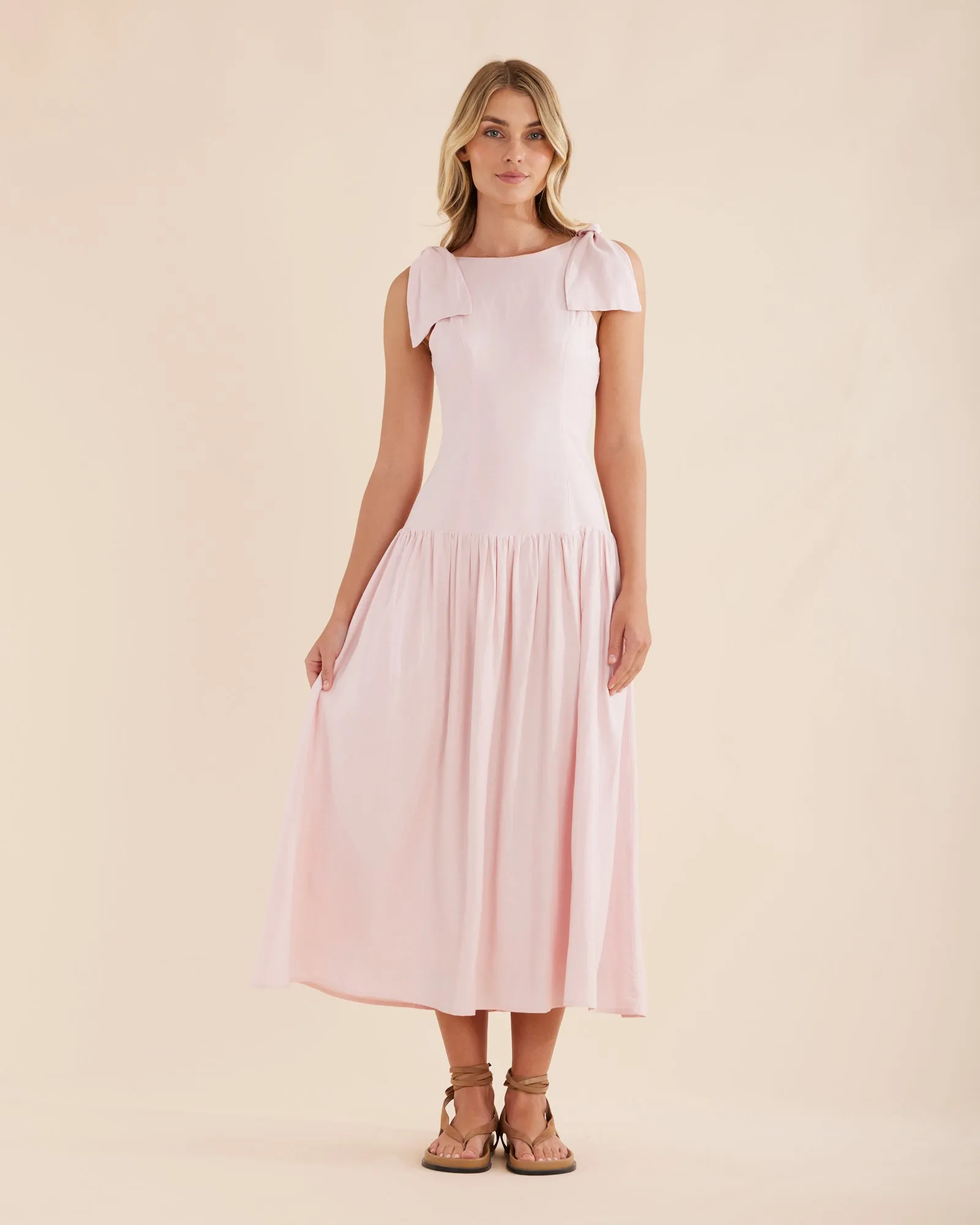 Mavie Bow Linen Maxi Dress - Rosewater