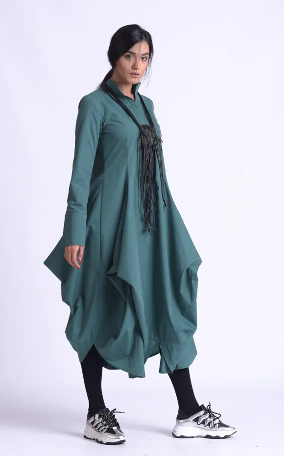 Maxi Asymmetric Collar Shirt  Dress In Slate Green