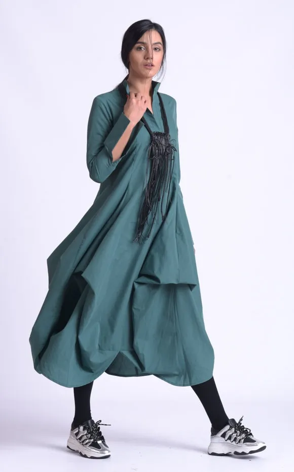 Maxi Asymmetric Collar Shirt  Dress In Slate Green