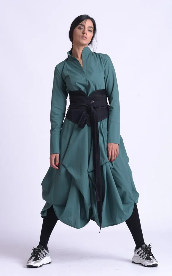 Maxi Asymmetric Collar Shirt  Dress In Slate Green