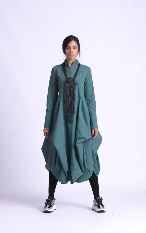 Maxi Asymmetric Collar Shirt  Dress In Slate Green