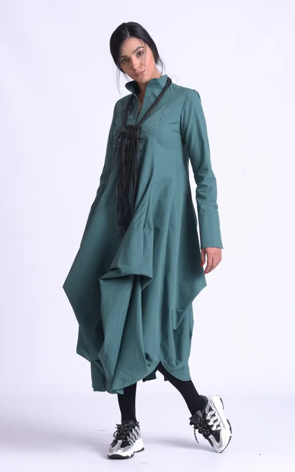 Maxi Asymmetric Collar Shirt  Dress In Slate Green