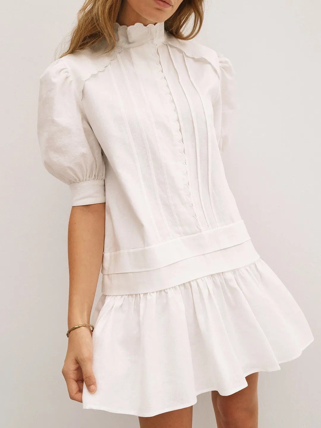 Mellania Scalloped Edge Linen Day Dress | White