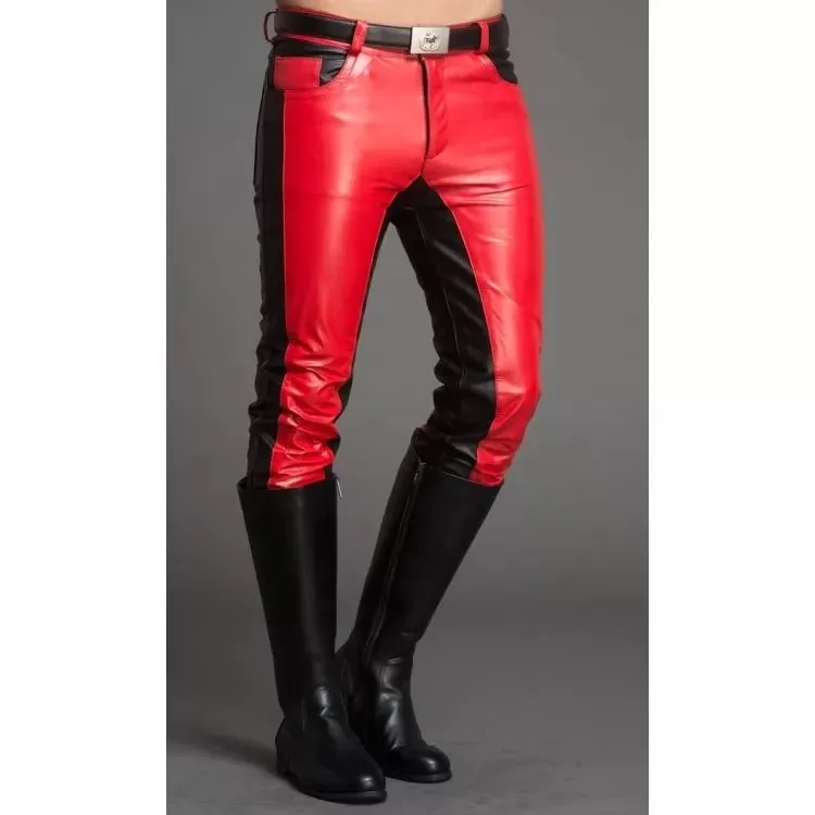 Men Fashion Contrast Color Genuine Black and Red Leather Pants