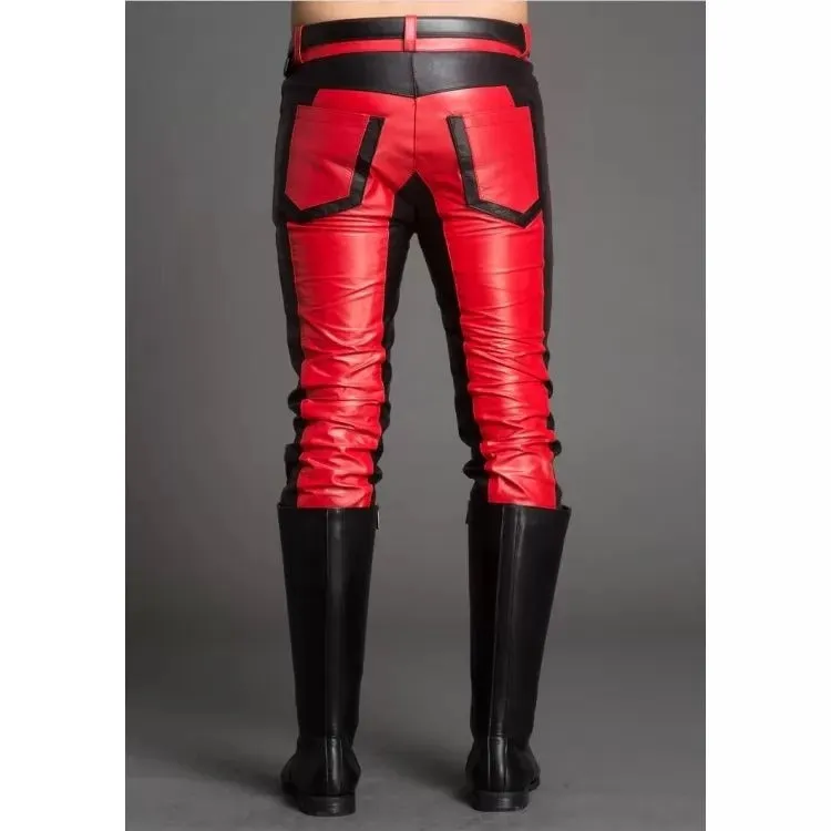 Men Fashion Contrast Color Genuine Black and Red Leather Pants