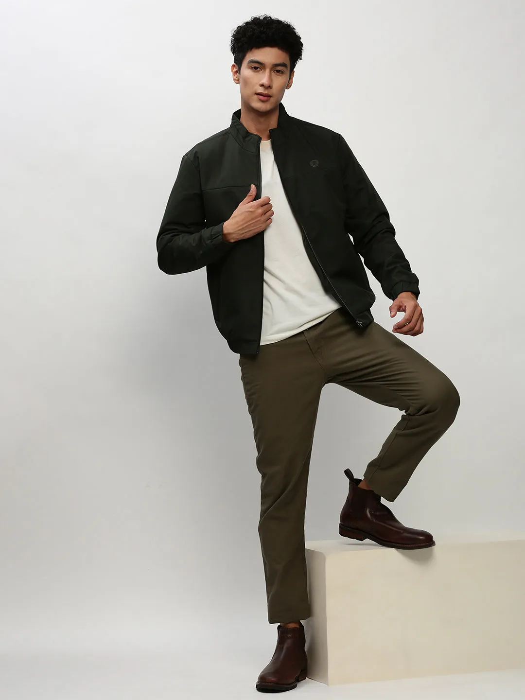 Men Green Solid Casual Bomber Jackets