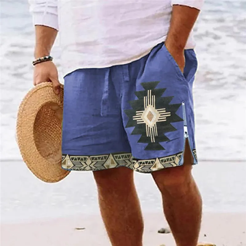 Men's Cotton and Linen Casual Printed Shorts Beach Shorts 83464627L