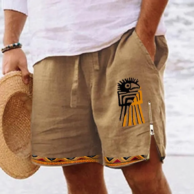 Men's Cotton and Linen Casual Printed Shorts Beach Shorts 83464627L