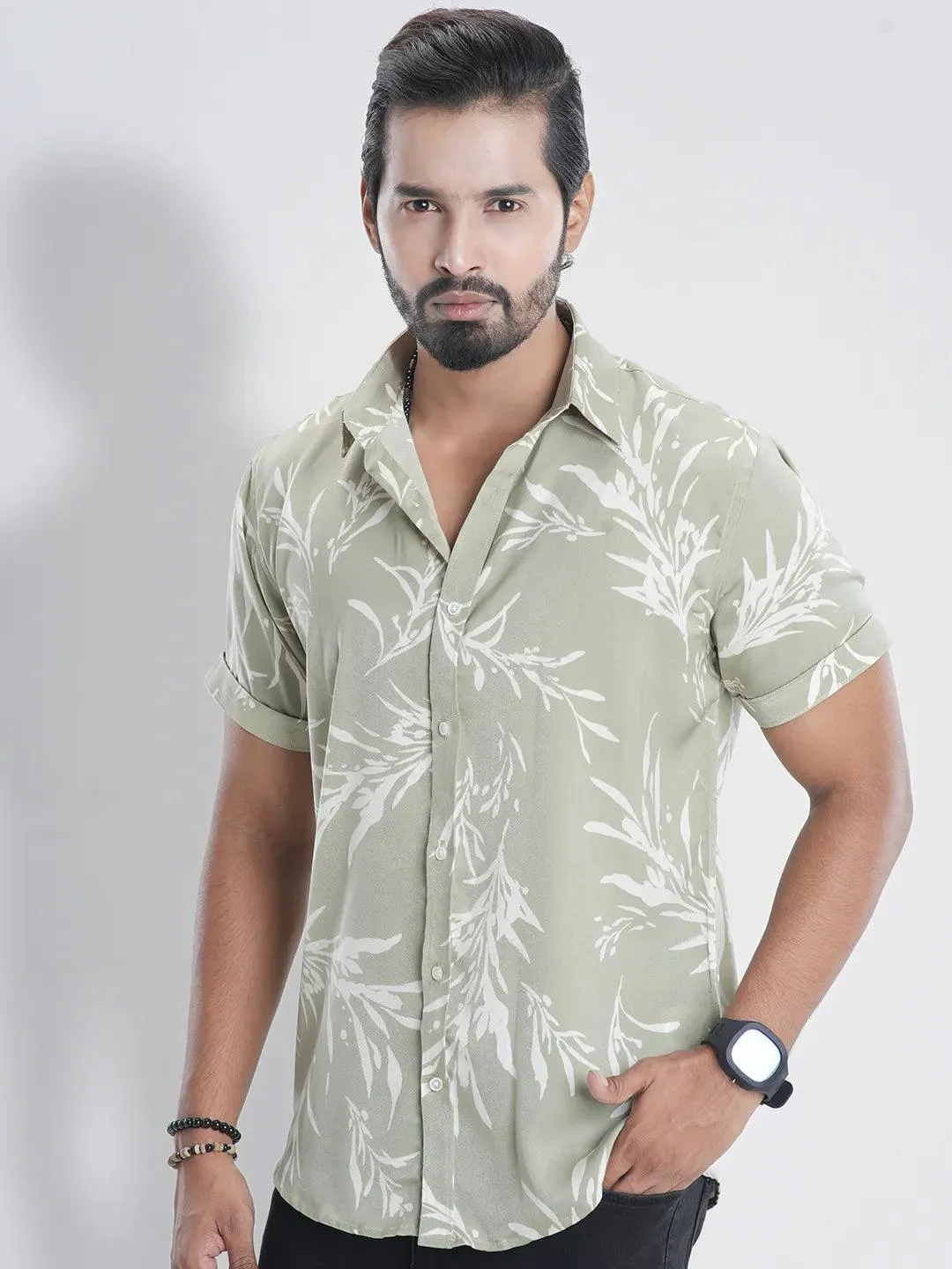 Men's Short Sleeve Casual Shirt in AOP Print Pale Teal