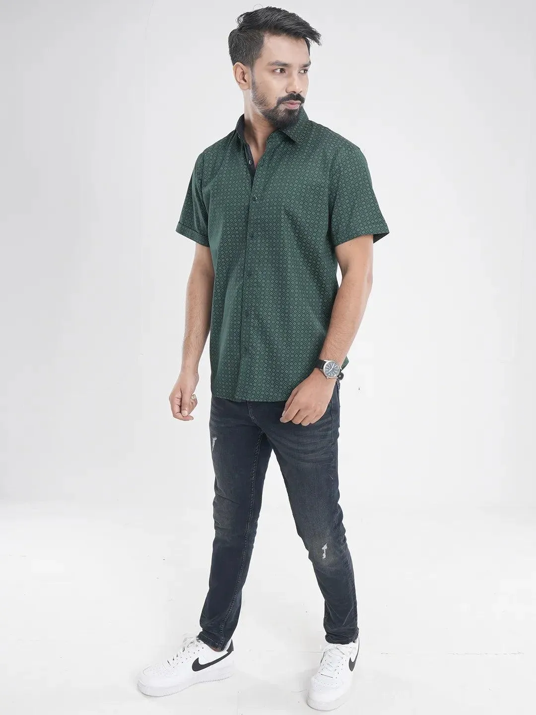 Men's Short Sleeve Casual Shirt in Dark Green Printed