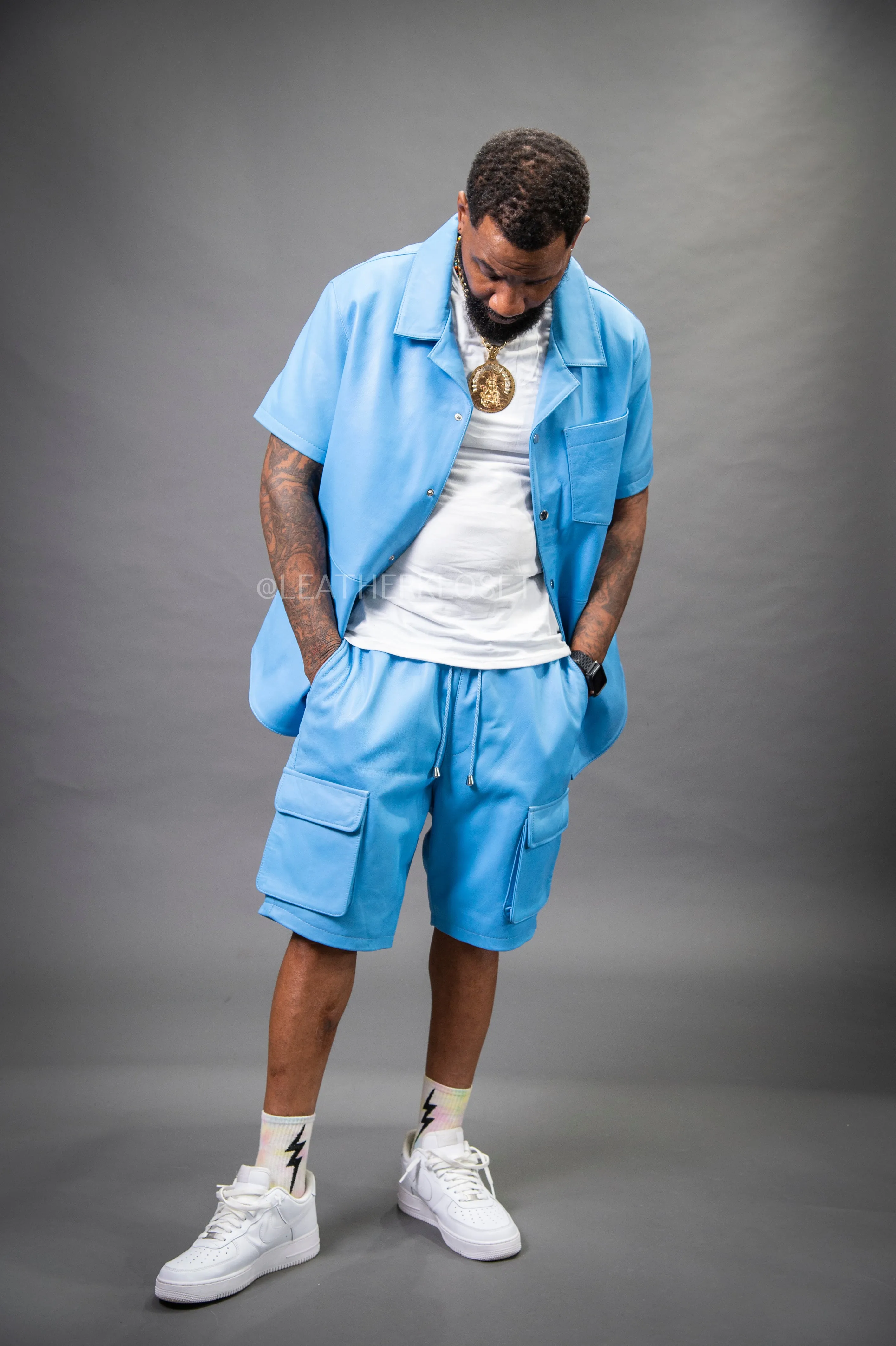 Men's Summer In Miami Leather Shirt And Cargo Shorts Set [Baby Blue]