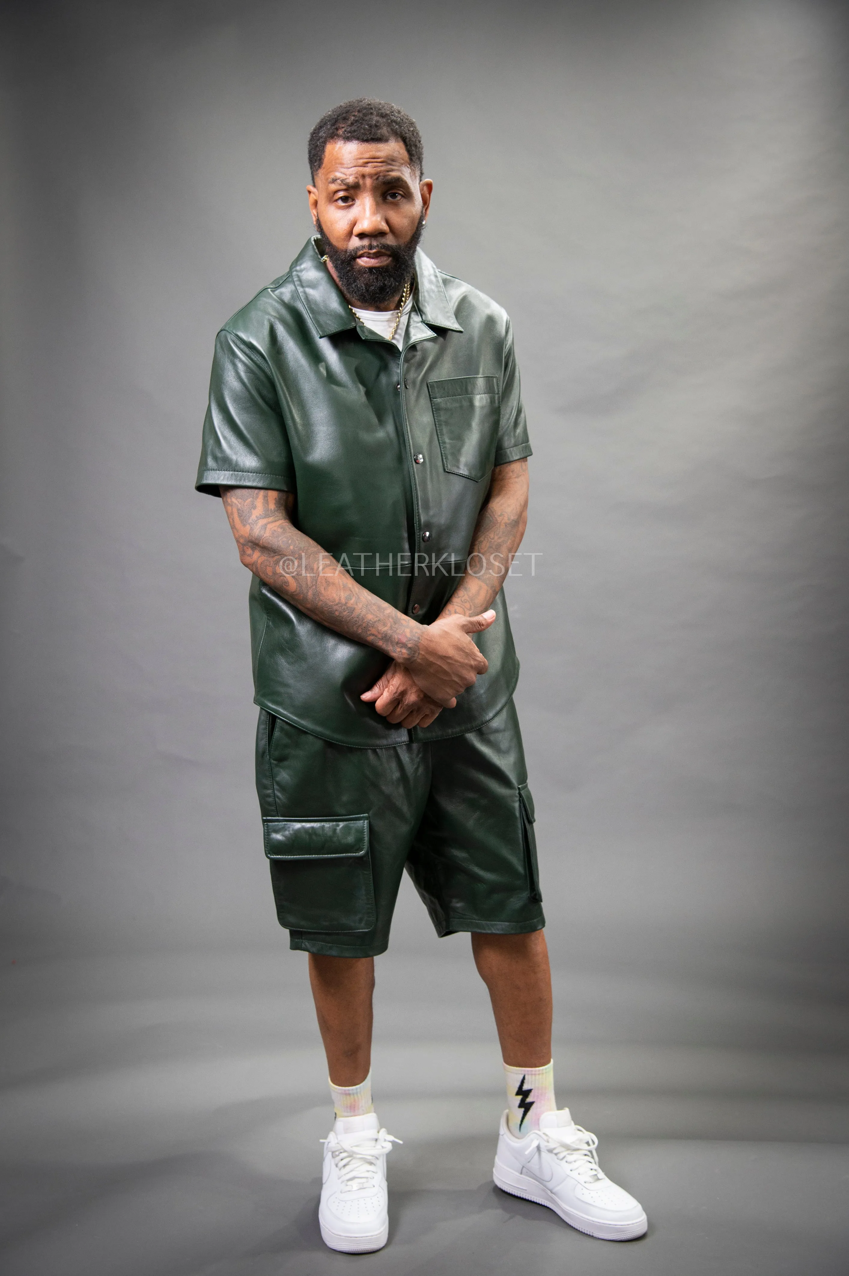 Men's Summer In Miami Leather Shirt And Cargo Shorts Set [Forest Green]