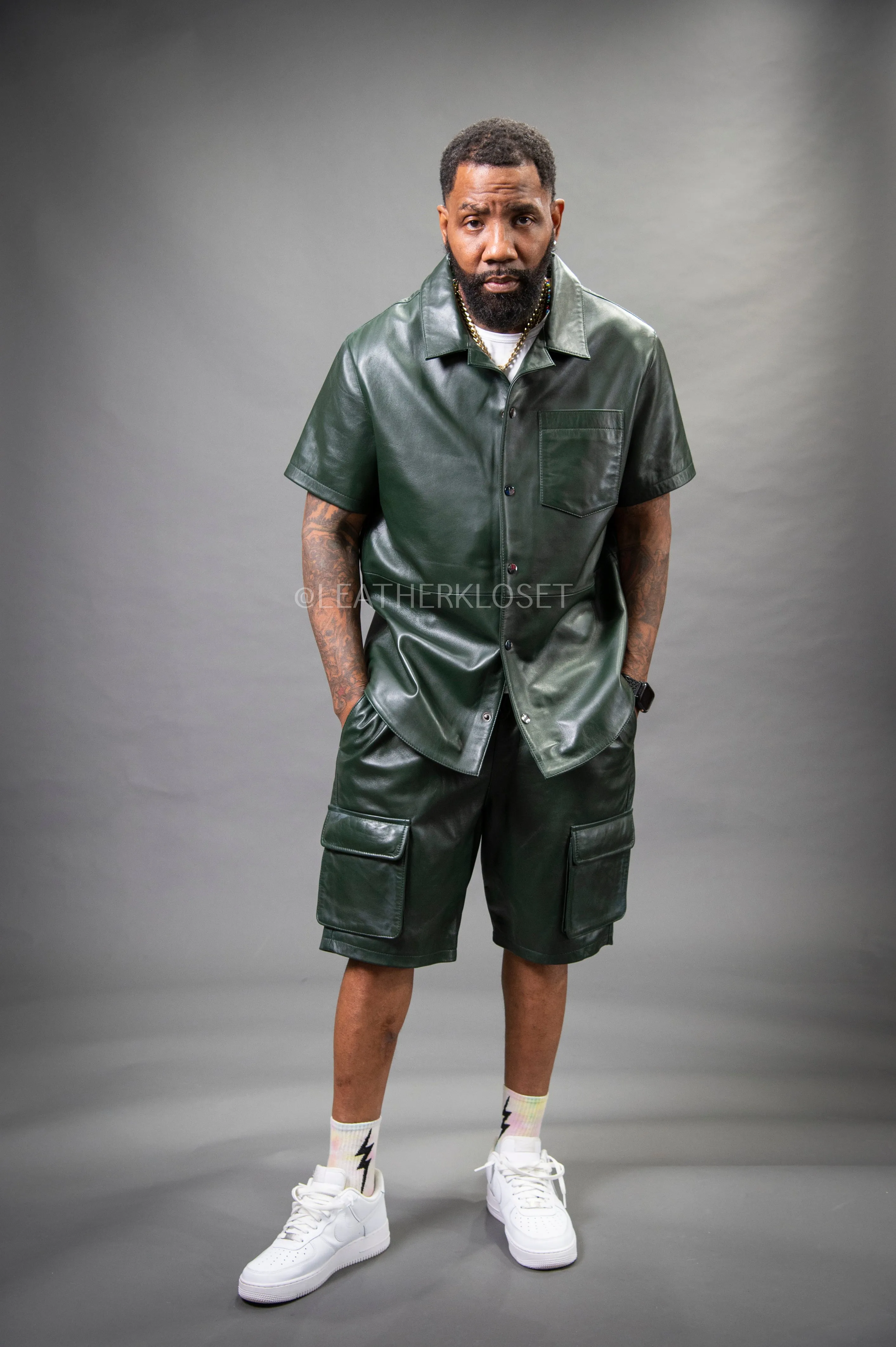 Men's Summer In Miami Leather Shirt And Cargo Shorts Set [Forest Green]