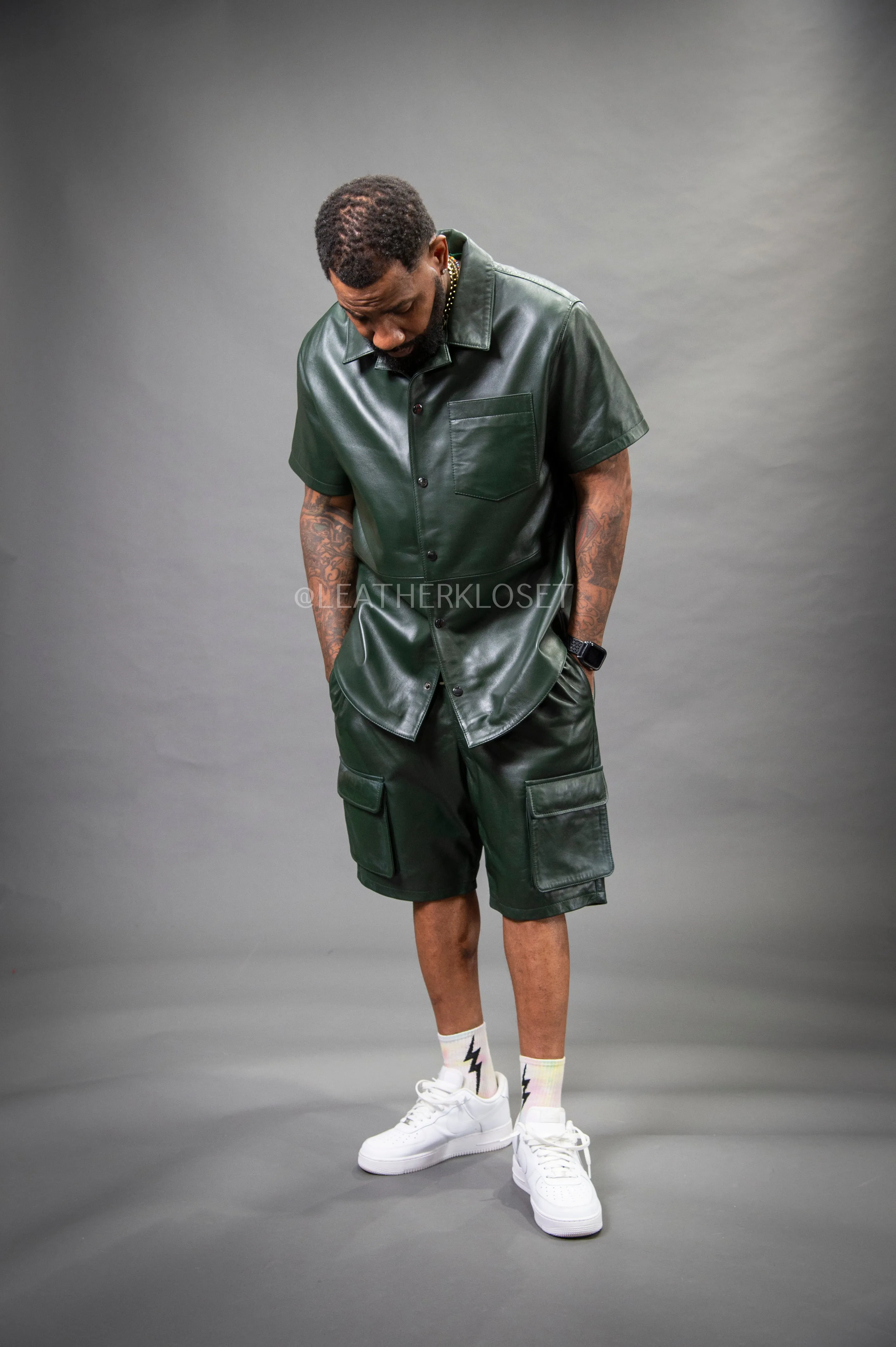 Men's Summer In Miami Leather Shirt And Cargo Shorts Set [Forest Green]