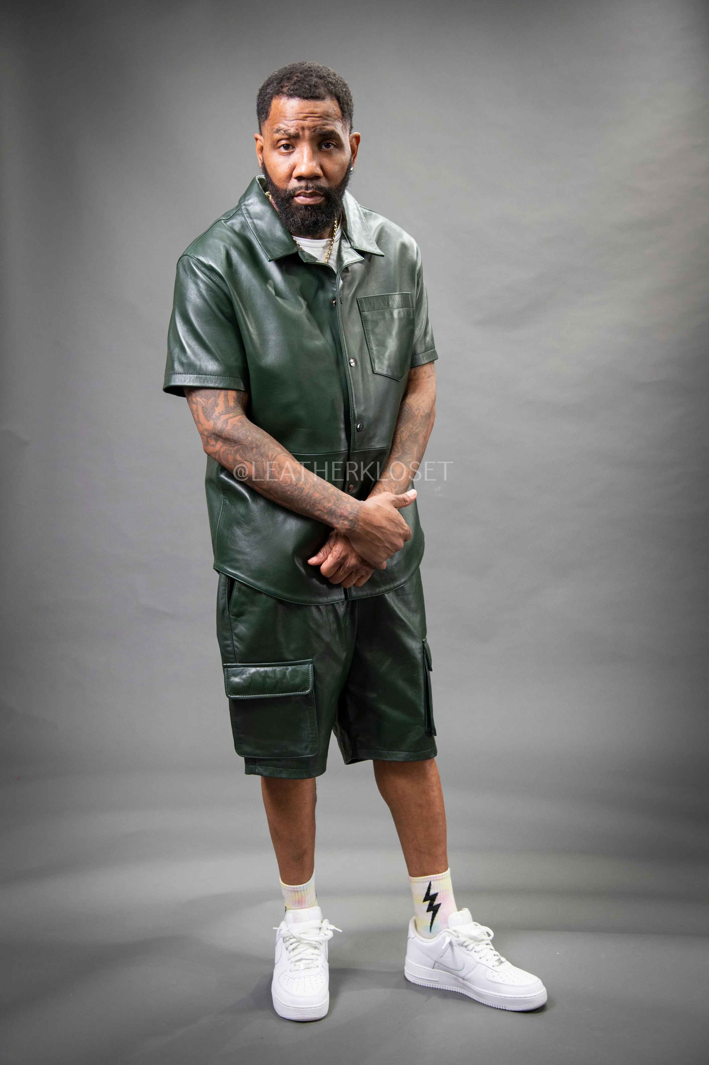 Men's Summer In Miami Leather Shirt And Cargo Shorts Set [Forest Green]