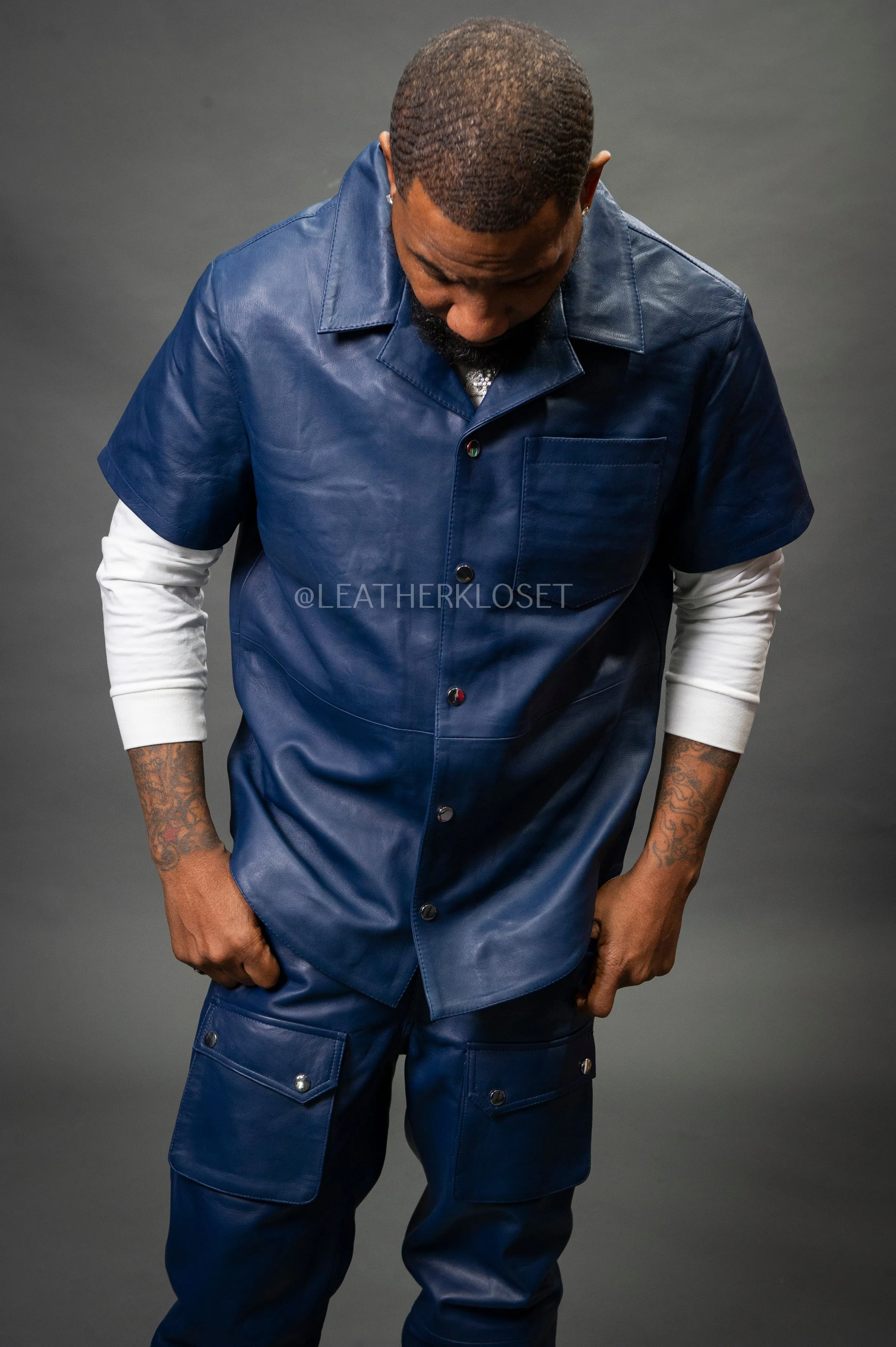 Men's Summer In Miami Luka Leather Short Sleeve Shirt [Navy]