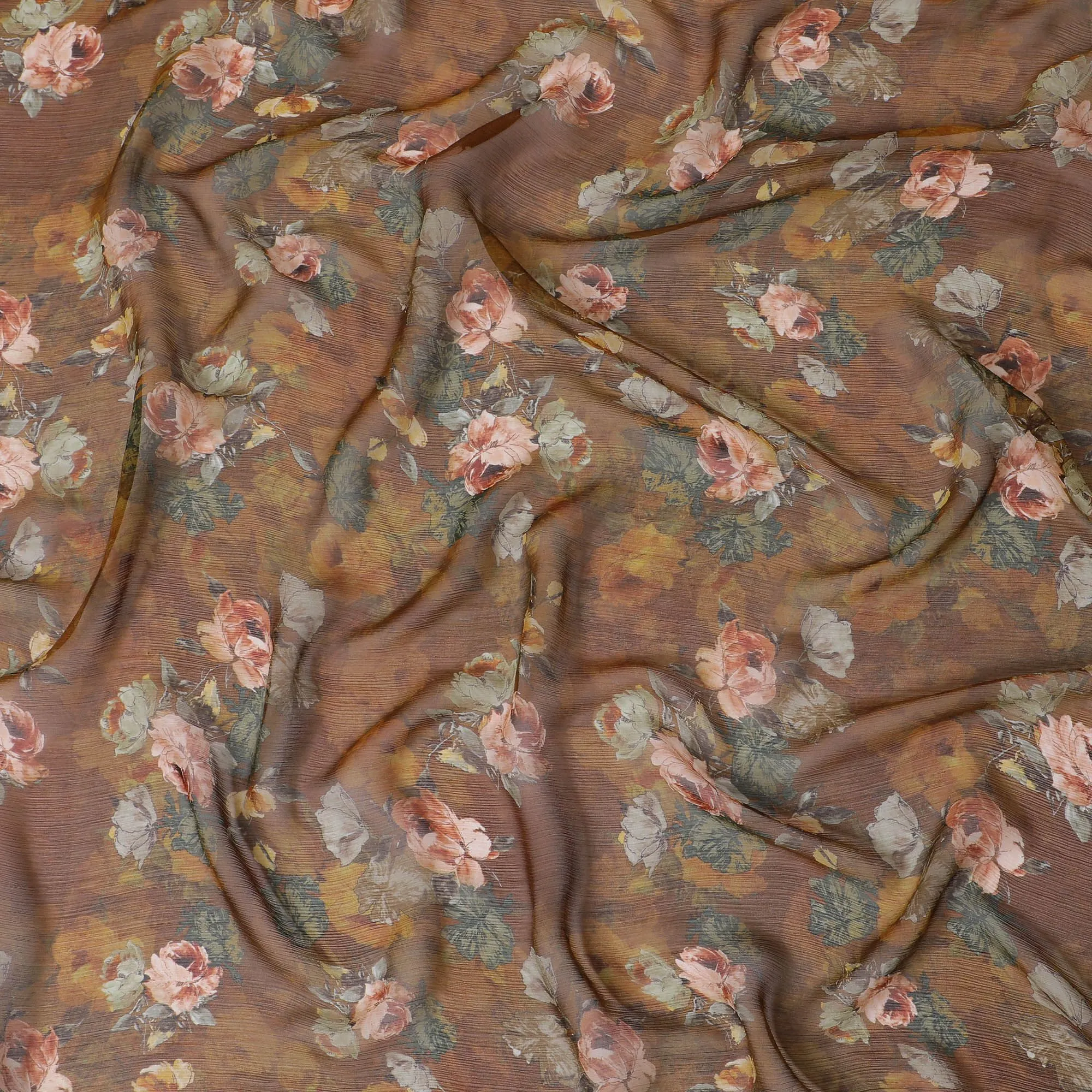 Mustard Premium pure wrinkle silk chiffon fabric with multicolor print in floral design-D17000