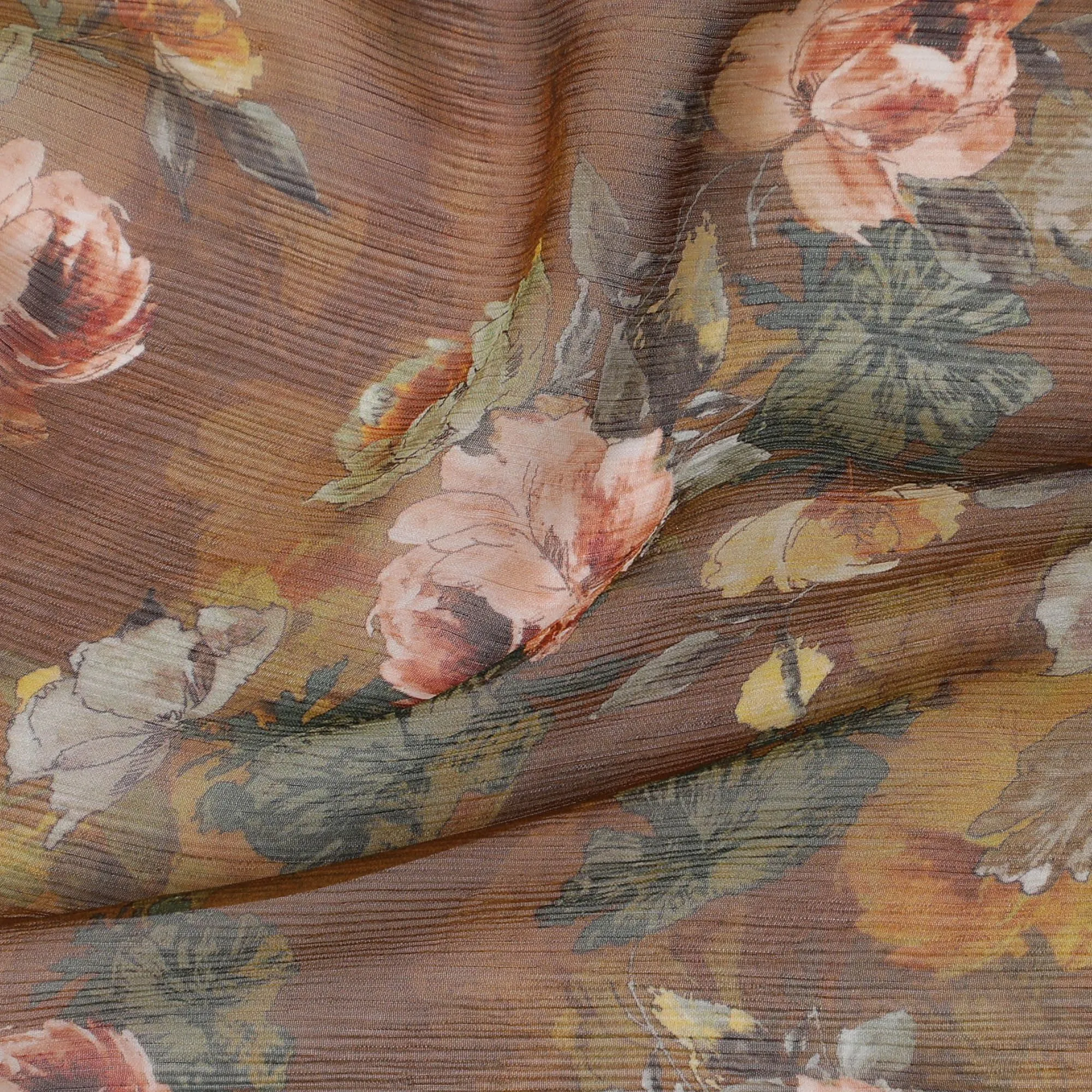 Mustard Premium pure wrinkle silk chiffon fabric with multicolor print in floral design-D17000