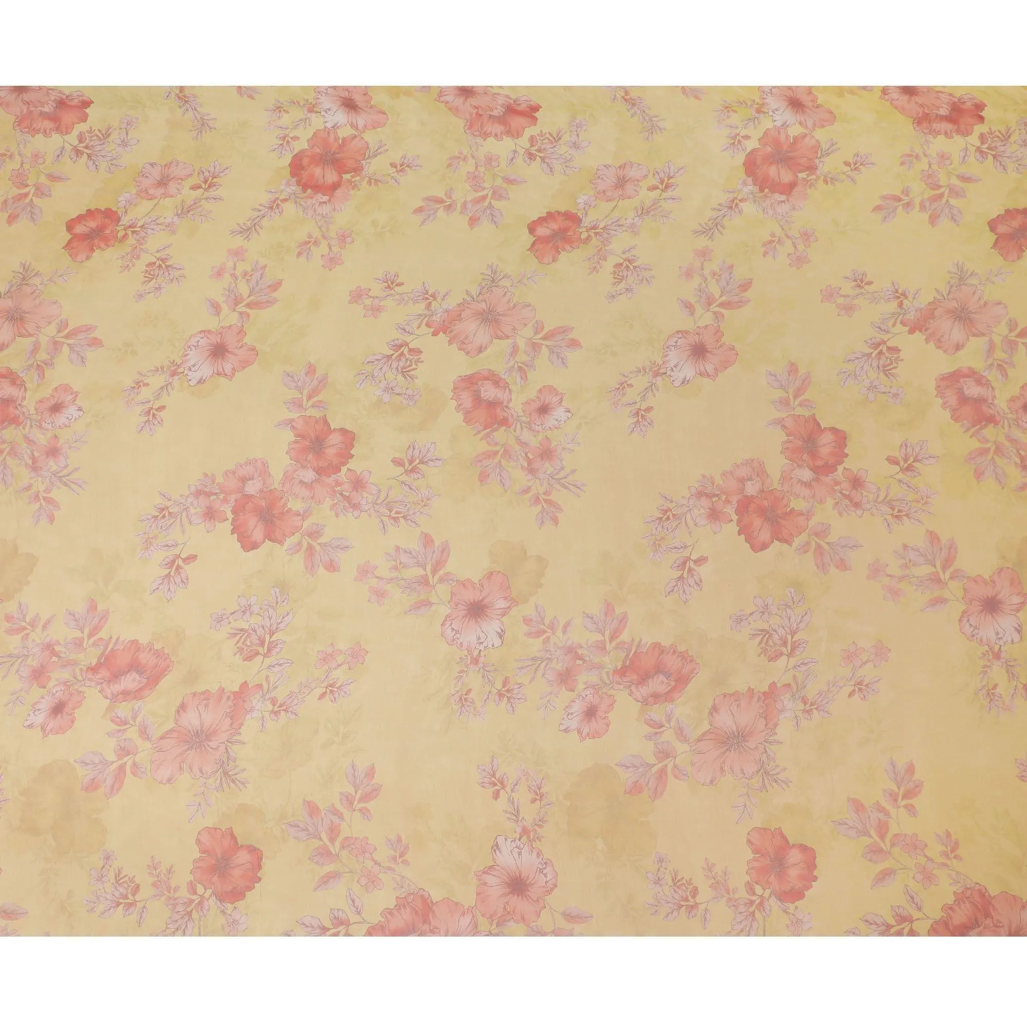 Mustard yellow premium pure silk chiffon fabric with same tone and salamander orange print in floral design-D10634